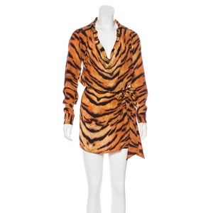 Haute Hippie Silk Tiger Animal Print Mini Shirt Wrap Dress